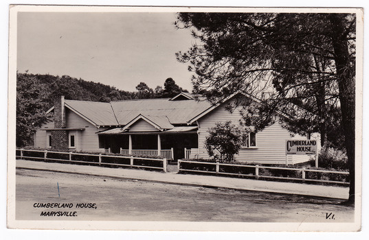 A black and white postcard of Cumberland House in Marysville. The postcard was produced by Valentine Publishing Co. Pty Ltd. as a souvenir of Marysville. On the reverse of the postcard is a hand written message.