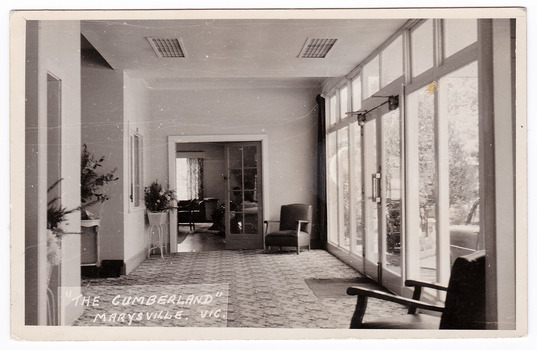 A black and white postcard of The Cumberland in Marysville. On the reverse is a hand written message.