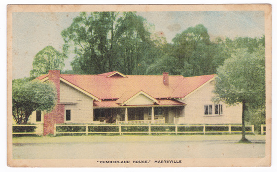 A colour postcard of Cumberland House in Marysville. The postcard was produced by Nucolorvue Productions as a souvenir of Marysville. On the reverse of the postcard is a hand written message.