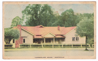 A colour postcard of Cumberland House in Marysville. The postcard was produced by Nucolorvue Productions as a souvenir of Marysville. On the reverse of the postcard is a hand written message.