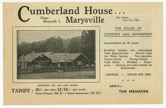 An advertisement for Cumberland House guest house in Marysville that was taken from a Broadbent's accommodation Guide.