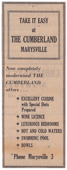 A newspaper advertisement for The Cumberland guest house in Marysville.