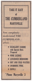 A newspaper advertisement for The Cumberland guest house in Marysville.