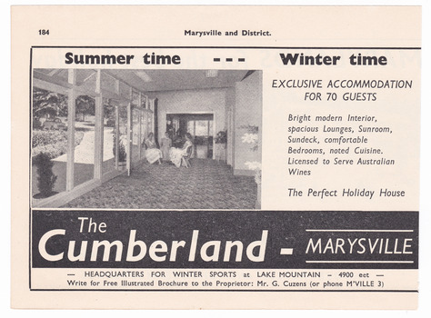 An advertisement for The Cumberland guest house in Marysville which was taken from a Broadbent's accommodation guide.
