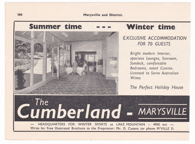 An advertisement for The Cumberland guest house in Marysville which was taken from a Broadbent's accommodation guide.