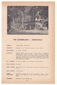 An advertisement regarding the accommodation and facilities available at The Cumberland guest house in Marysville.