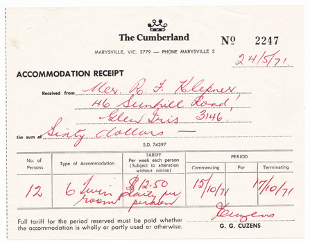 A receipt for the cost of accommodation at The Cumberland guest house in Marysville. The receipt is for $60.00 and is dated 24th May, 1971.