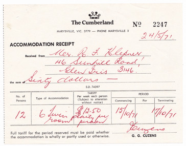 A receipt for the cost of accommodation at The Cumberland guest house in Marysville. The receipt is for $60.00 and is dated 24th May, 1971.