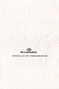 An information brochure regarding the accommodation and facilities available at The Cumberland guest house in Marysville.