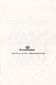 An information brochure regarding the accommodation and facilities available at The Cumberland guest house in Marysville.