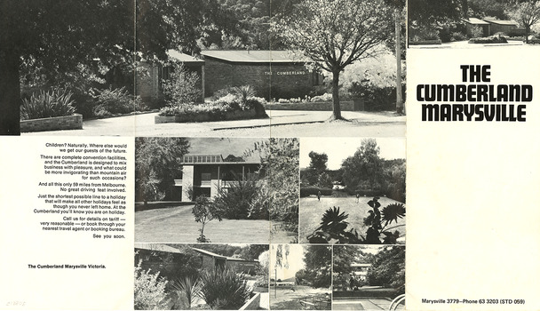 An information brochure regarding the accommodation and facilities available at The Cumberland guest house in Marysville.