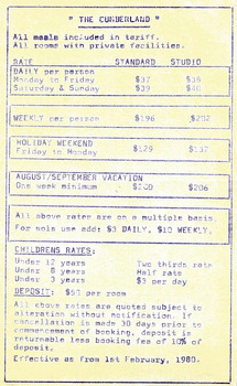A digital copy of the tariffs at The Cumberland guest house in Marysville. The list is from February 1980.