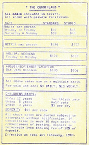 A digital copy of the tariffs at The Cumberland guest house in Marysville. The list is from February 1980.