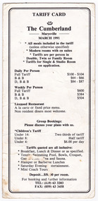 A tariff card dating from March 1991 from The Cumberland guest house in Marysville.