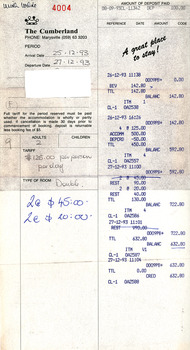 A receipt for a deposit paid for accommodation at The Cumberland guest house in Marysville. The receipt is dated from 25-27 December 1993.
