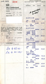 A receipt for a deposit paid for accommodation at The Cumberland guest house in Marysville. The receipt is dated from 25-27 December 1993.