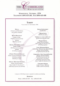 A tariff list regarding accommodation at The Cumberland guest house in Marysville. The list is valid from 1st September 1996.