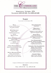 A tariff list regarding accommodation at The Cumberland guest house in Marysville. The list is valid from 1st September 1996.