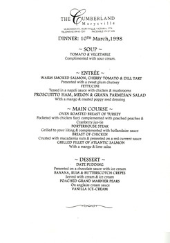 A dinner menu from The Cumberland guest house in Marysville. The menu is for a selection of courses offered at The Cumberland on the 10th of March 1998 for dinner.