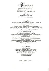 A dinner menu from The Cumberland guest house in Marysville. The menu is for a selection of courses offered at The Cumberland on the 10th of March 1998 for dinner.