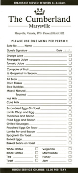 A breakfast menu from The Cumberland guest house in Marysville.