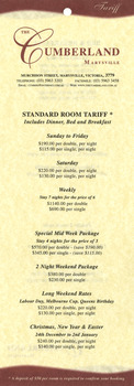 A list of tariffs for the various accommodation choices at The Cumberland guest house in Marysville.