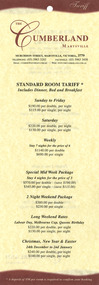 A list of tariffs for the various accommodation choices at The Cumberland guest house in Marysville.