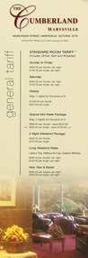 A tariff list for the various accommodation choices available at The Cumberland guest house in Marysville.