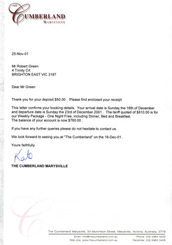 A letter confirming dates for a stay at The Cumberland guest house in Marysville. There are also two receipts for deposits that were paid for the accommodation in December 2001.