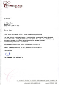 A letter confirming dates for a stay at The Cumberland guest house in Marysville. There are also two receipts for deposits that were paid for the accommodation in December 2001.