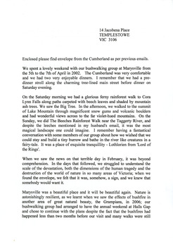 A letter reflecting on the memories of a stay at The Cumberland guest house in Marysville in April 2002. The letter also enclosed an envelope from The Cumberland. The letter also mentions the 2009 Black Saturday bushfires which devestated Marysville and offers the writers best wishes to the people of Marysville.