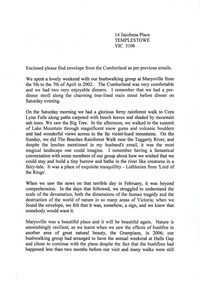 A letter reflecting on the memories of a stay at The Cumberland guest house in Marysville in April 2002. The letter also enclosed an envelope from The Cumberland. The letter also mentions the 2009 Black Saturday bushfires which devestated Marysville and offers the writers best wishes to the people of Marysville.