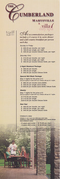 A list of tariffs for various accommodation packages available at The Cumberland guest house in Marysville. The costs were effective from July 2006.