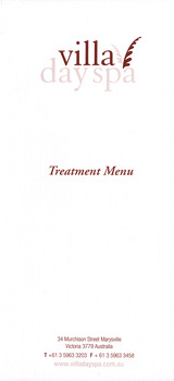 A menu of the various treatments available at villa day spa which was at The Cumberland guest house in Marysville.