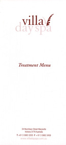 A menu of the various treatments available at villa day spa which was at The Cumberland guest house in Marysville.