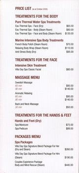A price list for the various treatments available at villa day spa at The Cumberland guest house in Marysville. The list dates from October 2005.