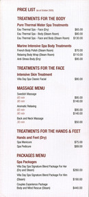 A price list for the various treatments available at villa day spa at The Cumberland guest house in Marysville. The list dates from October 2005.