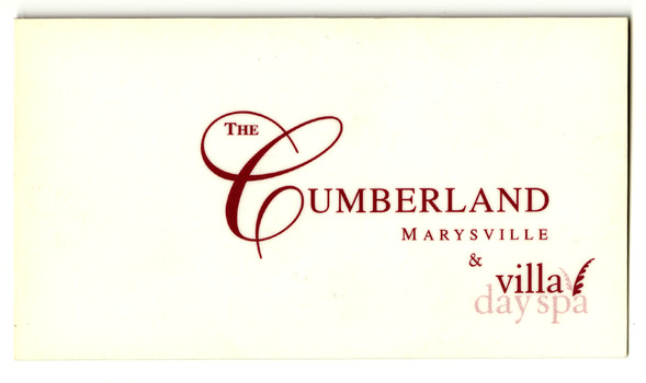 A business card from the Guest Relations Manager at The Cumberland guest house and villa day spa in Marysville.