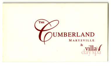 A business card from the Guest Relations Manager at The Cumberland guest house and villa day spa in Marysville.
