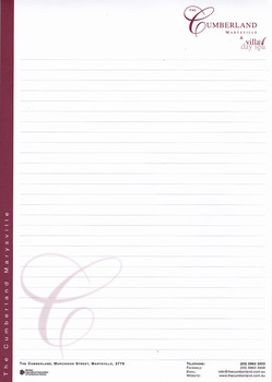 A notepad from The Cumberland guest house in Marysville. The notepad was produced for the use of guests staying at the guest house.