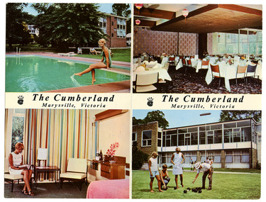 A digital copy of a colour postcard from The Cumberland guest house in Marysville. On the reverse of the postcard is a space to write a message and an address and to place a postage stamp. The postcard is unused.