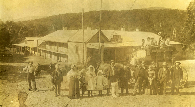 A digital copy of an early black and white photograph taken at Keppel's Australian Hotel in Marysville. The hotel was originally built and opened by the Keppel Family in 1865. The Keppel's Australian Hotel was the first hotel to be opened in Marysville. The Keppel Family were among Marysville's earliest pioneering families. 