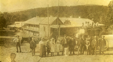 A digital copy of an early black and white photograph taken at Keppel's Australian Hotel in Marysville. The hotel was originally built and opened by the Keppel Family in 1865. The Keppel's Australian Hotel was the first hotel to be opened in Marysville. The Keppel Family were among Marysville's earliest pioneering families. 