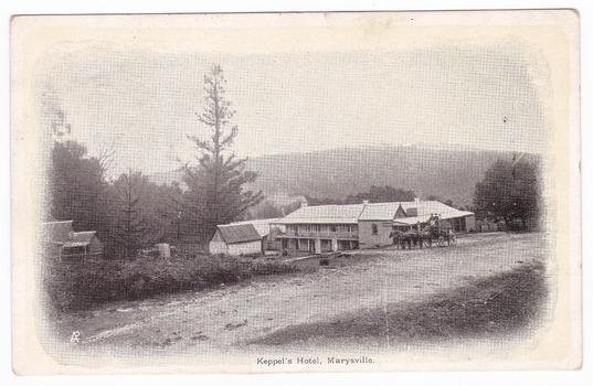 An early black and white postcard from Keppel's Hotel in Marysville. The hotel was originally built and opened by the Keppel Family in 1865. The Keppel's Australian Hotel was the first hotel to be opened in Marysville. The Keppel Family were among Marysville's earliest pioneering families. On the reverse is a hand written message and a postage stamp.