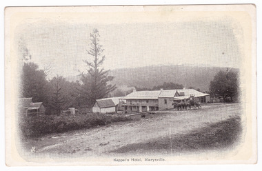 An early black and white postcard from Keppel's Hotel in Marysville. The hotel was originally built and opened by the Keppel Family in 1865. The Keppel's Australian Hotel was the first hotel to be opened in Marysville. The Keppel Family were among Marysville's earliest pioneering families. On the reverse is a hand written message and a postage stamp.