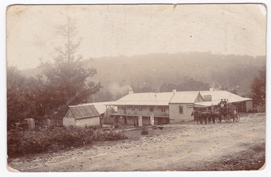 An early black and white postcard of Keppel's Hotel in Marysville. The hotel was originally built and opened by the Keppel Family in 1865. The Keppel's Australian Hotel was the first hotel to be opened in Marysville. The Keppel Family were among Marysville's earliest pioneering families. On the reverse is a hand written message.