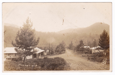 An early sepia postcard of Keppel's Hotel in Marysville. The hotel was originally built and opened by the Keppel Family in 1865. The Keppel's Australian Hotel was the first hotel to be opened in Marysville. The Keppel Family were among Marysville's earliest pioneering families. On the reverse of the postcard is a space to write a message and an address and to place a postage stamp. The postcard is unused.