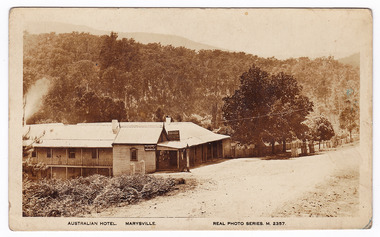 An early sepia postcard of Keppel's Hotel in Marysville. The hotel was originally built and opened by the Keppel Family in 1865. The Keppel's Australian Hotel was the first hotel to be opened in Marysville. The Keppel Family were among Marysville's earliest pioneering families. The postcard was published by the Valentine & Sons Publishing Co. Ltd. as a souvenir of Marysville. On the reverse of the postcard is a space to write a message and an address and to place a postage stamp. The postcard is unused.