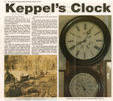 A newspaper article regarding this unique clock that hung above the bar at Keppel's Australian Hotel in Marysville. The clock is over 150 years old. The hotel was originally built and opened by the Keppel Family in 1865. The Keppel's Australian Hotel was the first hotel to be opened in Marysville. The Keppel Family were among Marysville's earliest pioneering families.