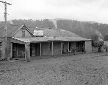 A copy of an early black and white photograph of Fryday's Australian Hotel in Marysville. The hotel was originally built and opened by the Keppel Family in 1865 and named the Keppel's Australian Hotel. It was the first hotel to be opened in Marysville. In 1921 the licence to the Keppel's Australian Hotel was transferred to Emma Fryday and it was renamed the Fryday's Australian Hotel. The Keppel Family were among Marysville's earliest pioneering families.